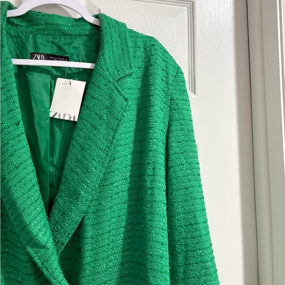 Zara Textured Double Breasted Blazer Tweed Longline Fall Boho Green Sz Large NWT - Picture 6 of 11
